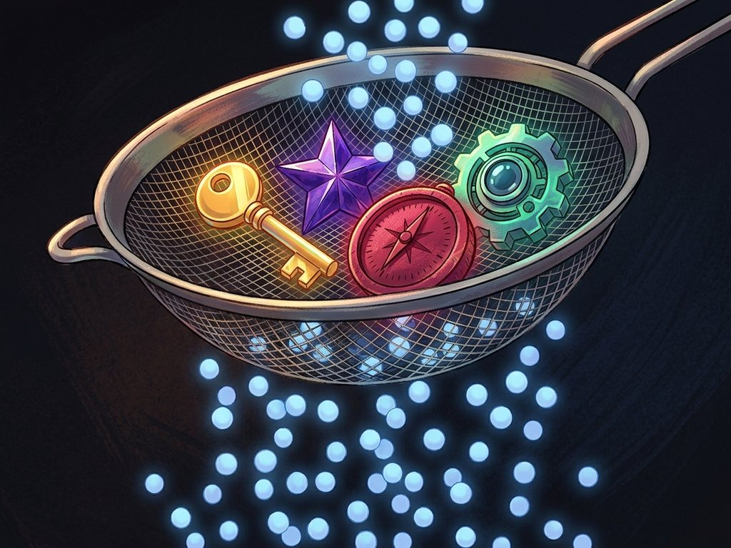 A large sieve held at an angle with diverse geometric shapes passing through, symbolizing how screening filters can miss unconventional talent.