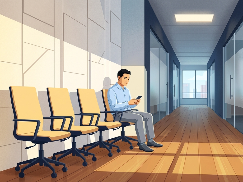 A row of five identical office chairs in a waiting area, each with a small personal item left behind, suggesting real people behind every application.