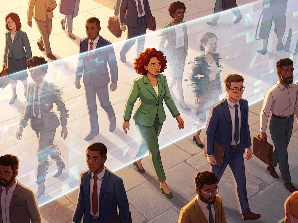 A wide group of diverse professionals being filtered through a digital screen, with some unfairly excluded, illustrating algorithmic bias in hiring.