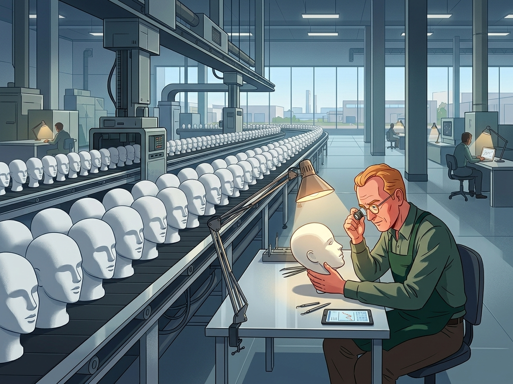 A long line of identical white mannequin heads on a factory conveyor belt, with one person carefully examining a single head under a lamp.