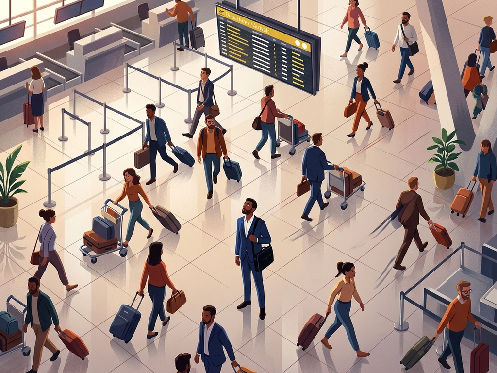 A busy airport arrivals hall viewed from above, with diverse travelers pulling luggage through a modern terminal.