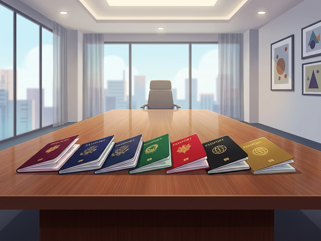 A long conference table with a row of open passports from different countries, each placed next to a folder of professional documents.