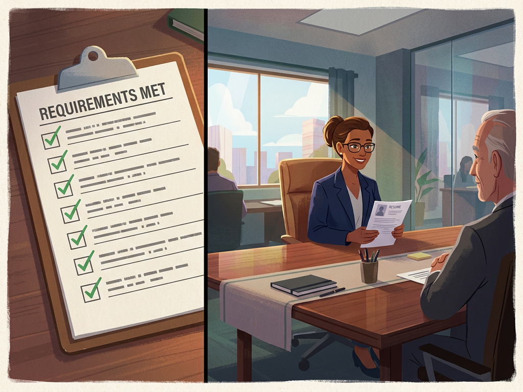 A requirements checklist beside an interview scene, showing that qualification lists alone do not prove execution.