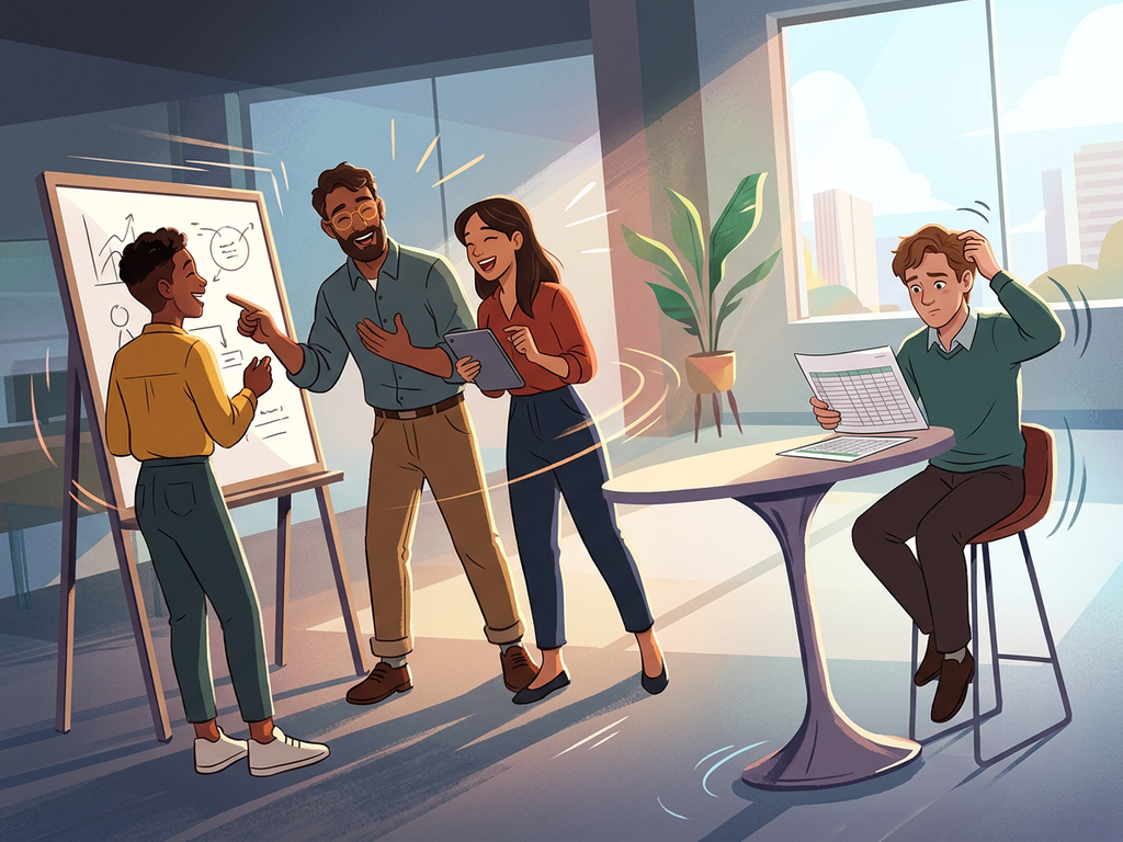 A small team collaborating while another person struggles alone with a spreadsheet, illustrating inconsistent evaluation.