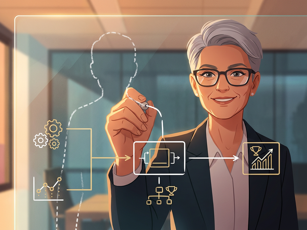A hiring leader mapping a candidate journey from capability signals to outcomes on a glass board.