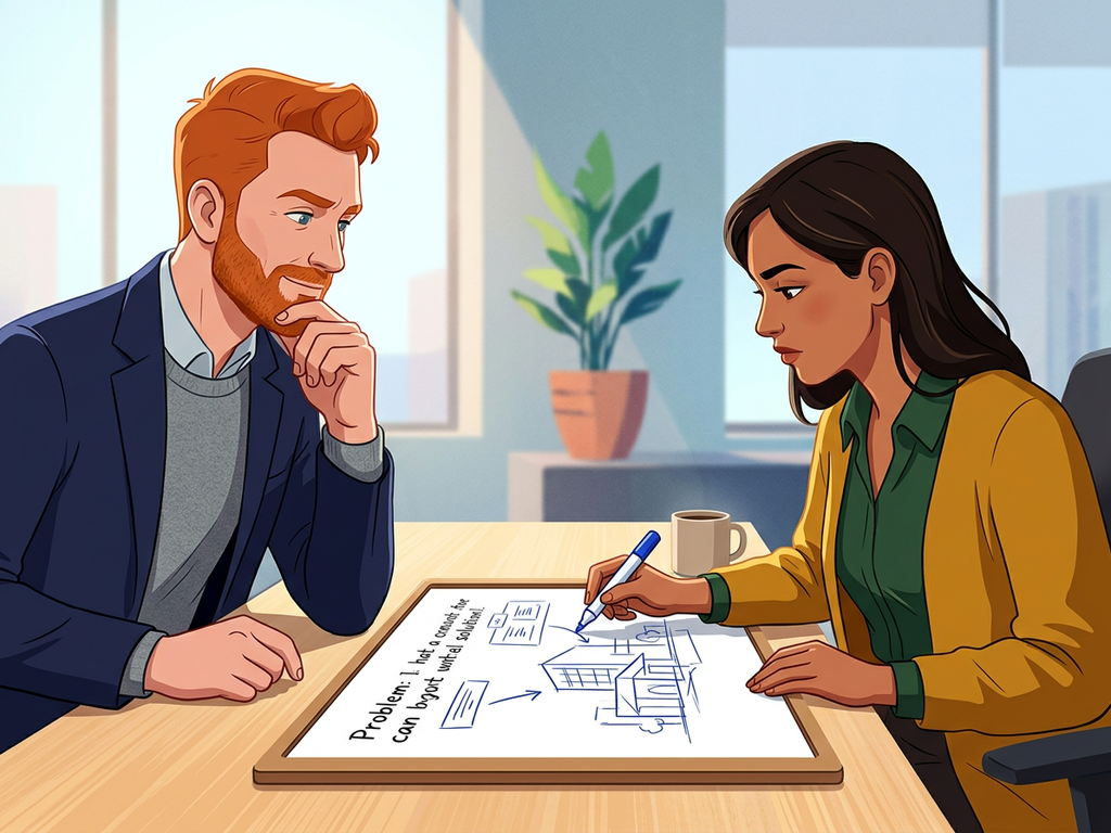 Two colleagues sketching the real problem to solve before drafting the role definition.