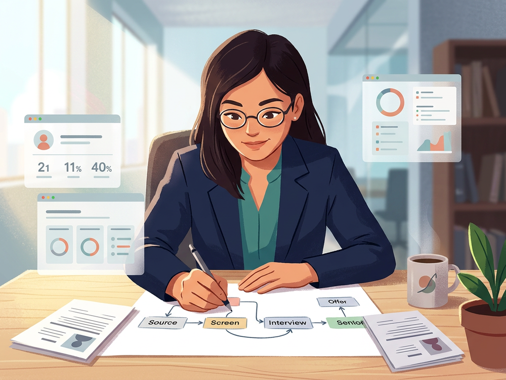 Hiring operator mapping sourcing, screening, interviews, and offers while performance metrics float nearby.