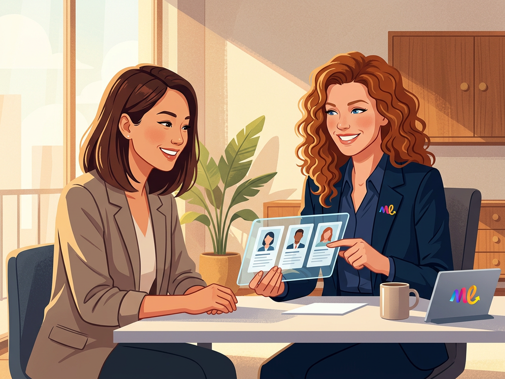 A recruiter-style assistant presenting a focused shortlist to a hiring manager using MEg on screen.