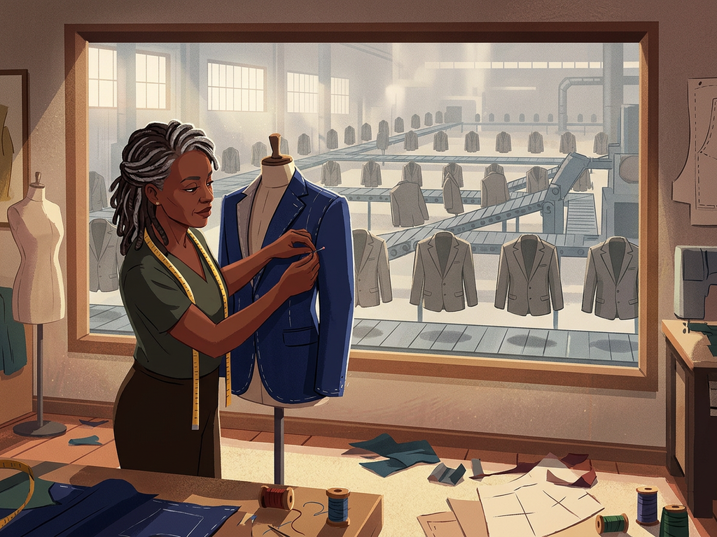 An intimate tailor's workshop with precisely crafted garments, representing micro-LLMs as custom-fit AI models built for specific hiring tasks.