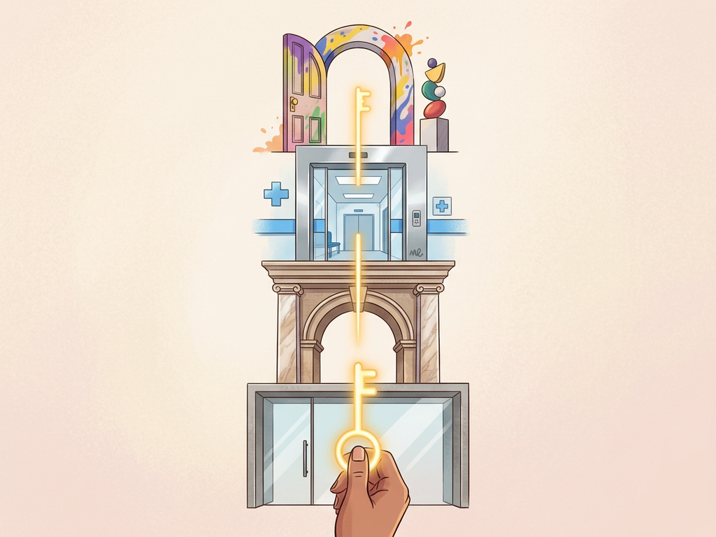 A vertical stack of distinct doors with matching keys, representing how specialised micro-LLMs unlock the right fit for every role.