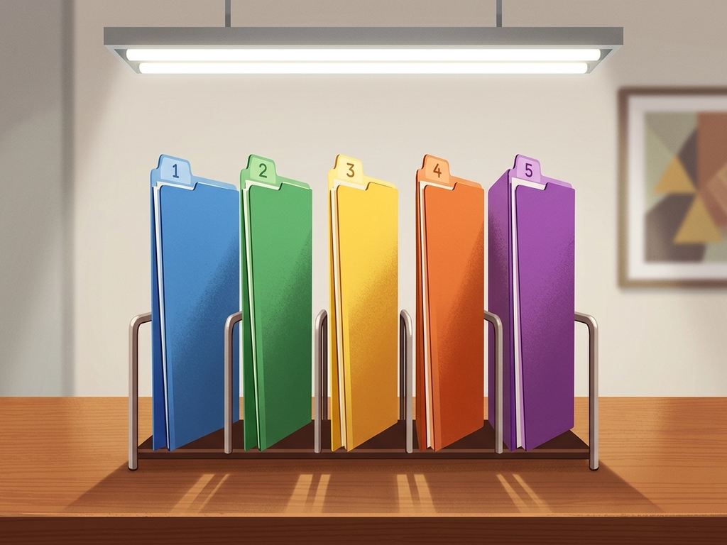 Five colored file folders standing upright in a desk organizer, each labeled with a UAE labor compliance category.