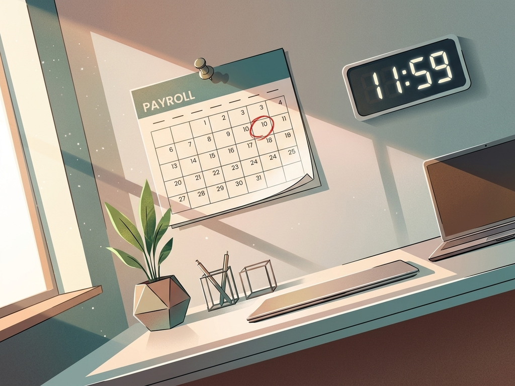 A payroll calendar pinned to an office wall with circled dates highlighting WPS payment deadlines and gratuity milestones.