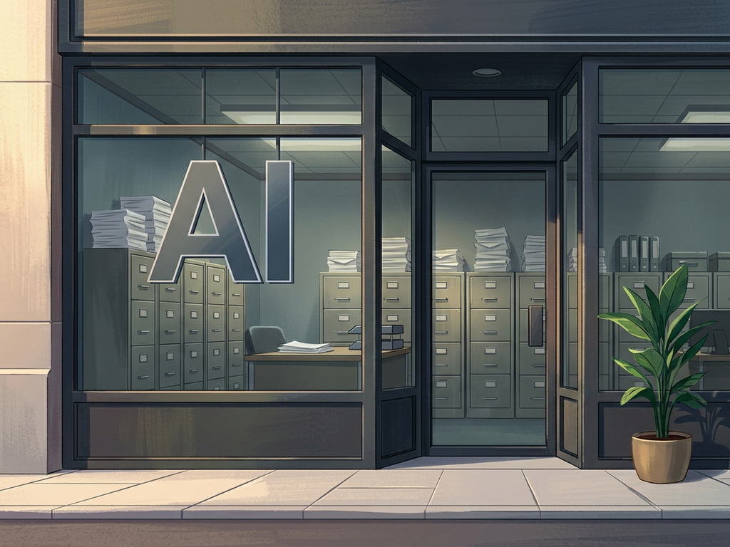 Office storefront labeled AI filled with filing cabinets and paper stacks to represent old workflows packaged as new technology.