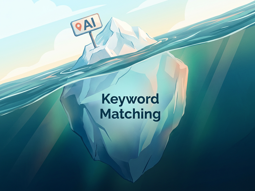 Iceberg graphic showing that keyword matching is the large hidden mass beneath many AI hiring claims.