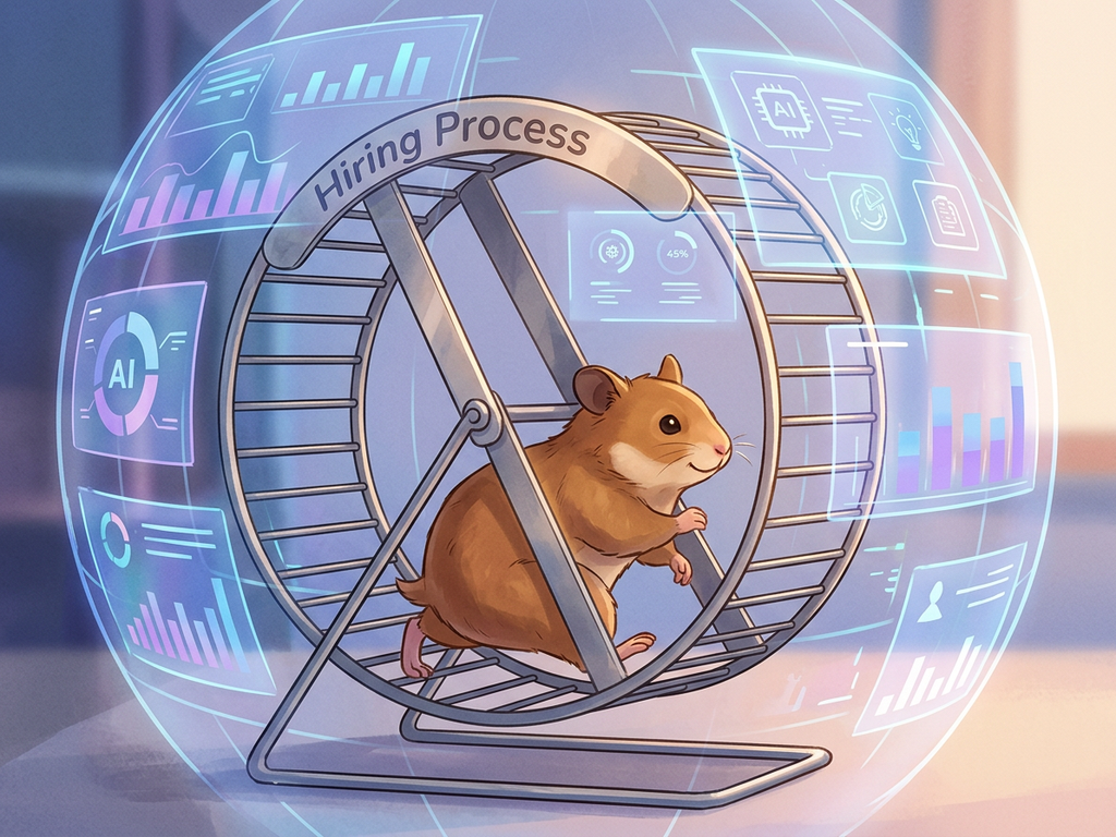 Hamster running inside a wheel labeled Hiring Process while analytics panels surround it.