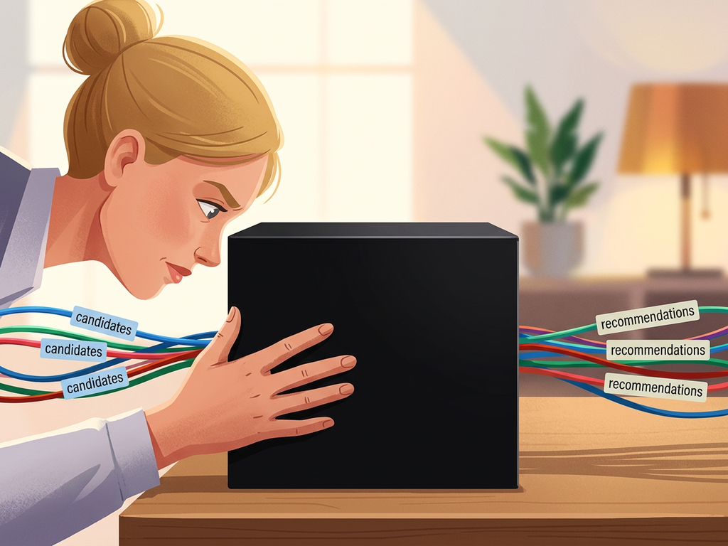 Person inspecting a black-box device that transforms candidate inputs into opaque recommendations.