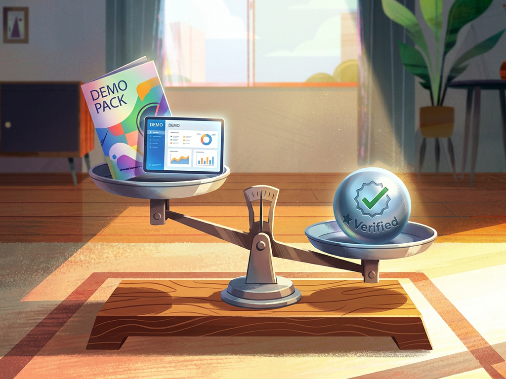 Scale comparing a polished demo pack against a verified outcome badge.
