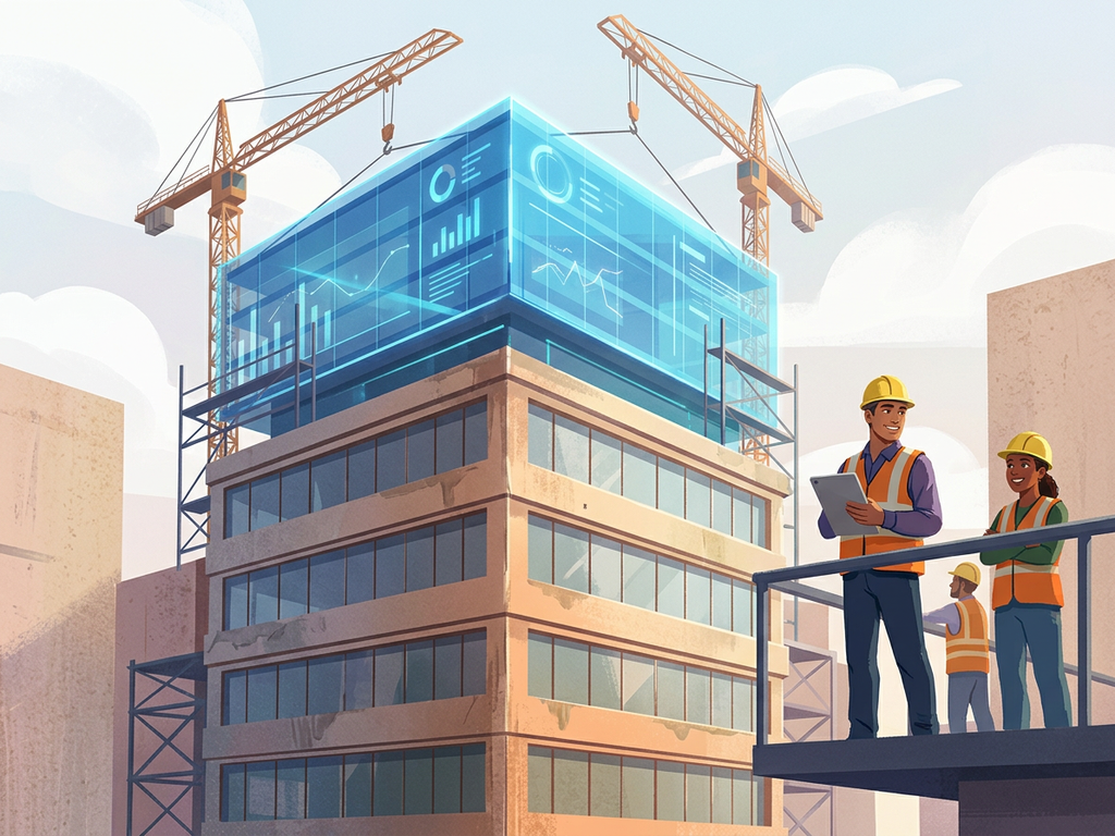 Construction site building topped with a glowing analytics layer to represent intelligence added onto existing systems.